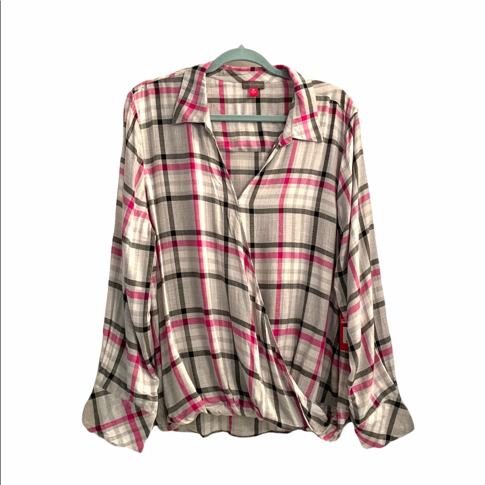 Vince Camuto Cream, Black & Pink Plaid Wrap Blouse